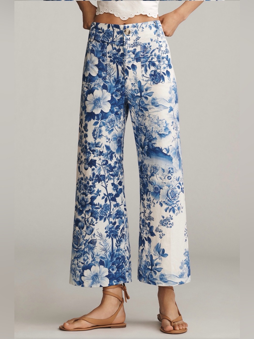 MAEVE Colette Cropped Wide-Leg Pants Printed LINEN Botanical Blue & White 31